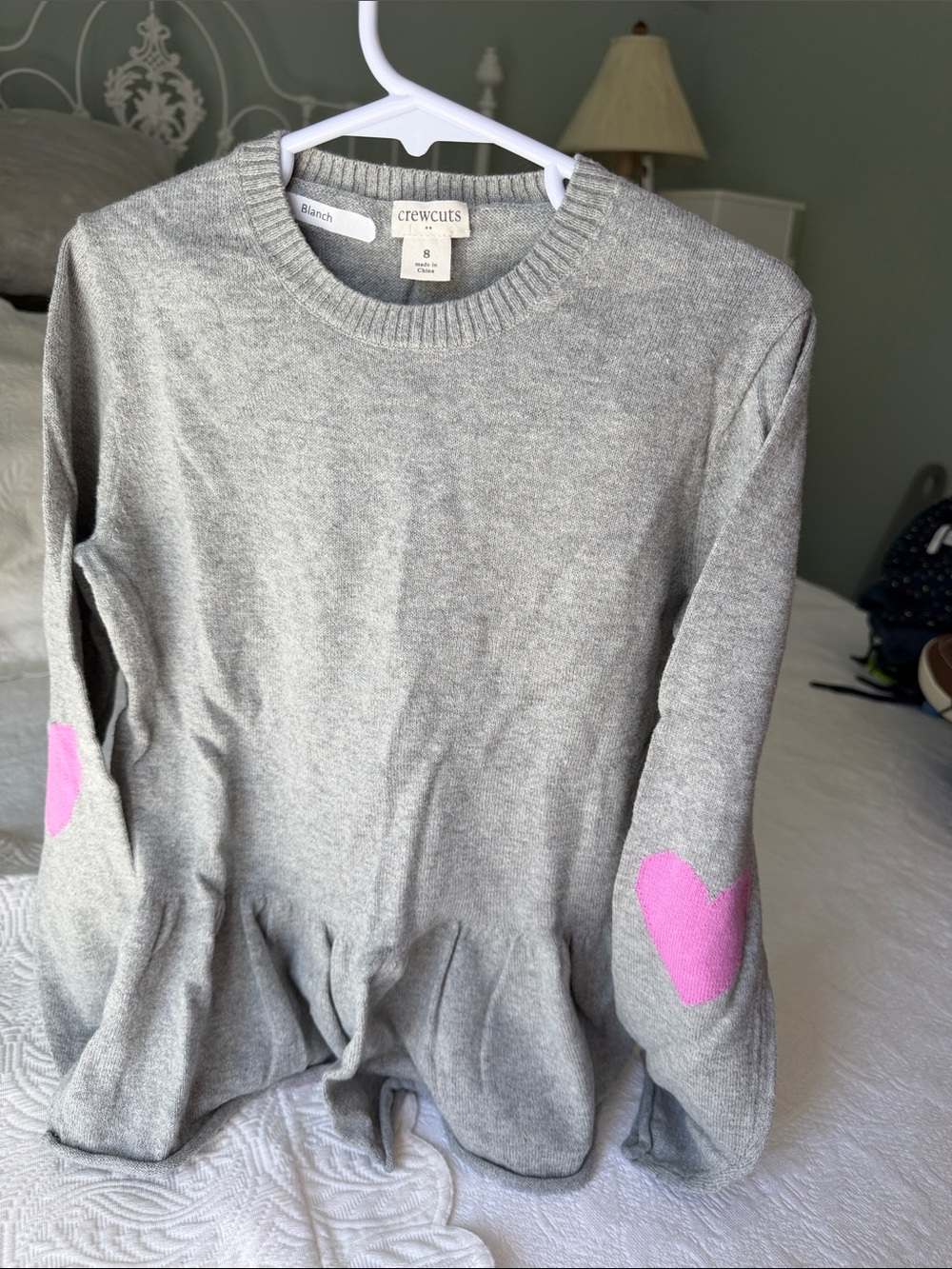 Crewcuts Grey Peplum Sweater with Pink Heart Elbow Patches Girl 8